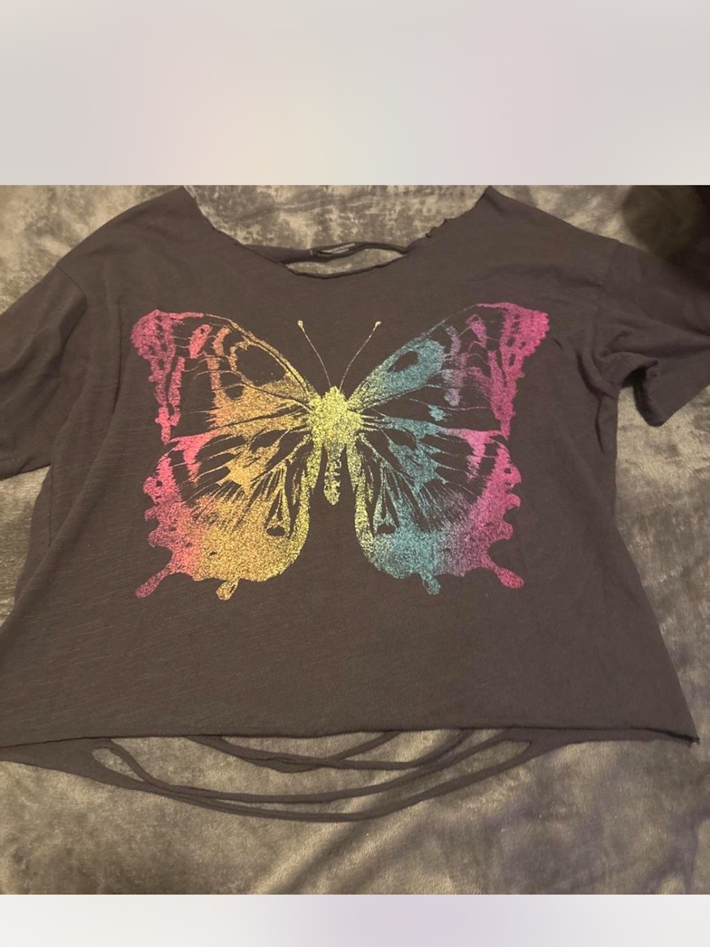 Black Cropped Tee with Rainbow Glitter Butterfly